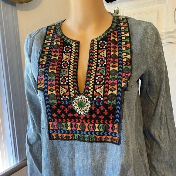 Zara Tunic Embroidery Midi Premium Denim Dress Women XS Blue Flare Sleeves - Picture 7 of 7